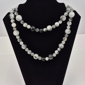 DTR Jay King Beaded Necklace Women 36" Gray White Black Gemstone Long Strand 925